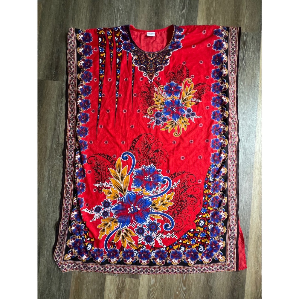 Gold Coast Kaftan Dress Womens OS Red Floral Paisley‎ Print Loungewear Coverup